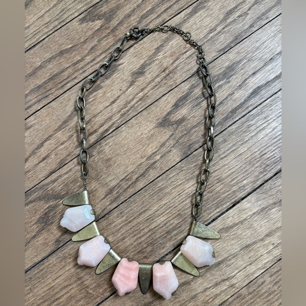 Vintage J. Crew Brass/Gold and Pink Quartz Geometric Necklace